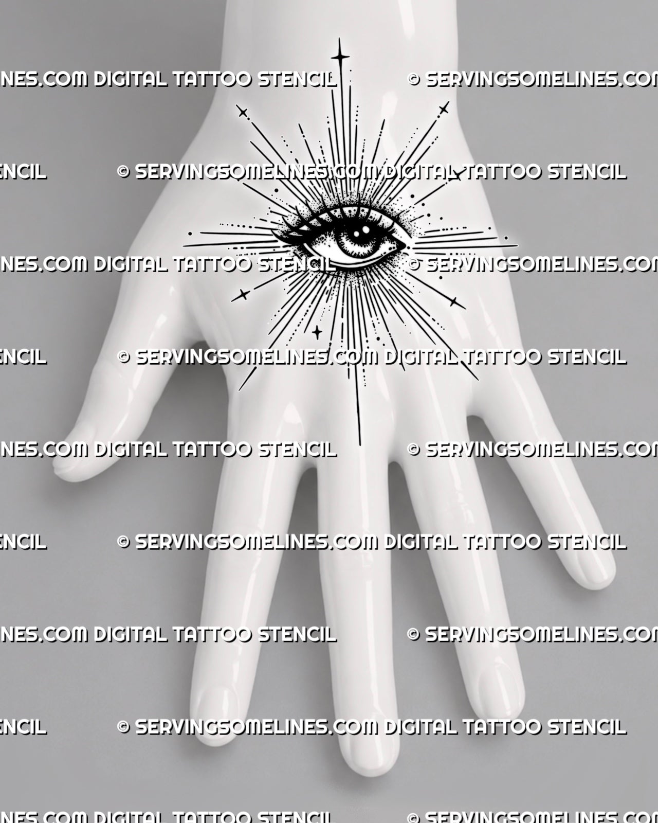 Spiritual eye tattoo stencil shown on top of hand, with long sacred rays, celestial dots, star marks, and clear eye detail.