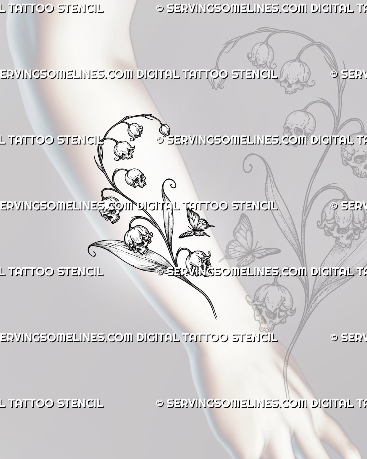 Spooky lily of the valley tattoo stencil shown on the forearm with hanging skull flowers, natural bell blooms, slender stems, stippled leaves, and butterfly detail