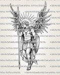 St Michael Archangel tattoo stencil with wings, halo rays, armor, spear, shield, and sacred warrior figure.
