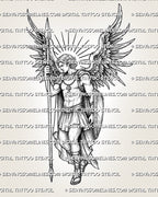 St Michael Archangel tattoo stencil with wings, halo rays, armor, spear, shield, and sacred warrior figure.