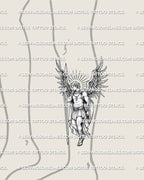 St Michael tattoo stencil shown on calf placement, with vertical spear shape, shield, halo rays, and winged archangel figure.