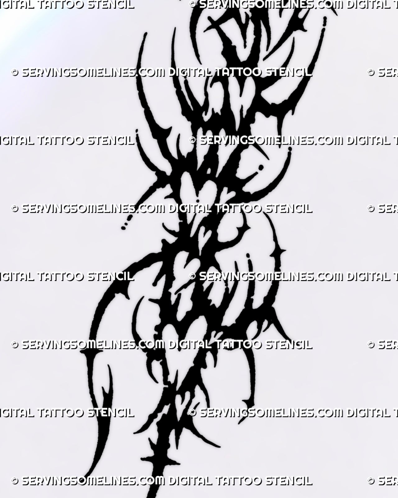 Stacked neotribal heart tattoo stencil with distorted heart shapes, heart-shaped negative space, curved spikes, pointed hooks, and dark cybersigilism blackwork