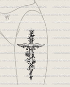 womens thigh and hip tattoo mockup of y2k dagger with stars wings and roses for cute goth aesthetic and soft emo style tattoo ideas

