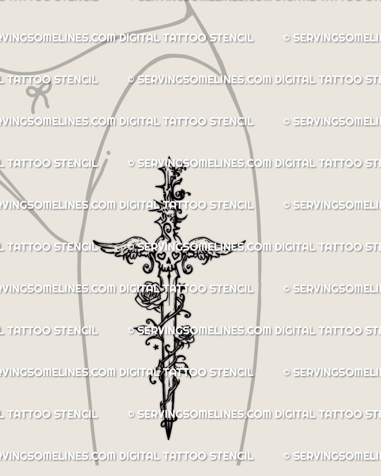 womens thigh and hip tattoo mockup of y2k dagger with stars wings and roses for cute goth aesthetic and soft emo style tattoo ideas
