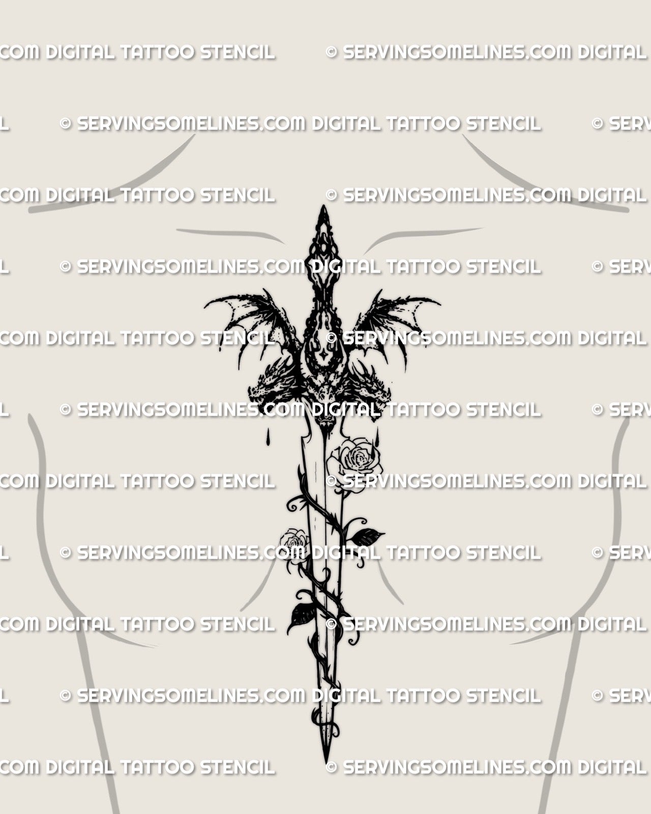 sternum tattoo placement with dragon rose sword and thorn vines, gothic feminine dagger design centered on chest for underbust or torso tattoos
