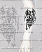 Stone gargoyle tattoo stencil shown on forearm with winged horned gargoyle, sharp claws, gothic ornament base, chain accent, and vertical medieval tattoo shape