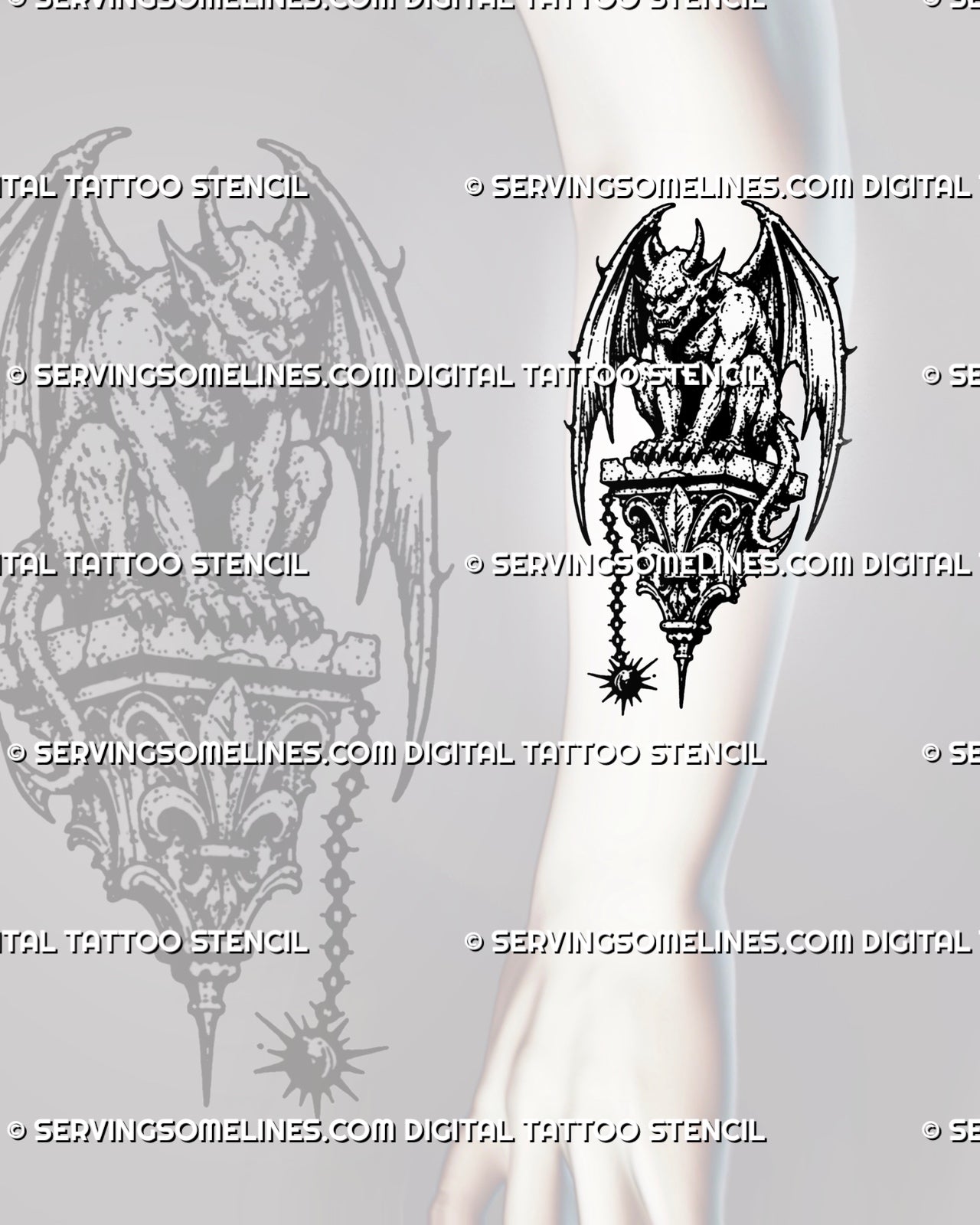 Stone gargoyle tattoo stencil shown on forearm with winged horned gargoyle, sharp claws, gothic ornament base, chain accent, and vertical medieval tattoo shape