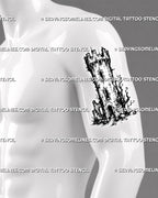 Stone turret tattoo stencil shown on men’s upper arm bicep with medieval castle tower shape, arched windows, battlements, and cracked stone detail