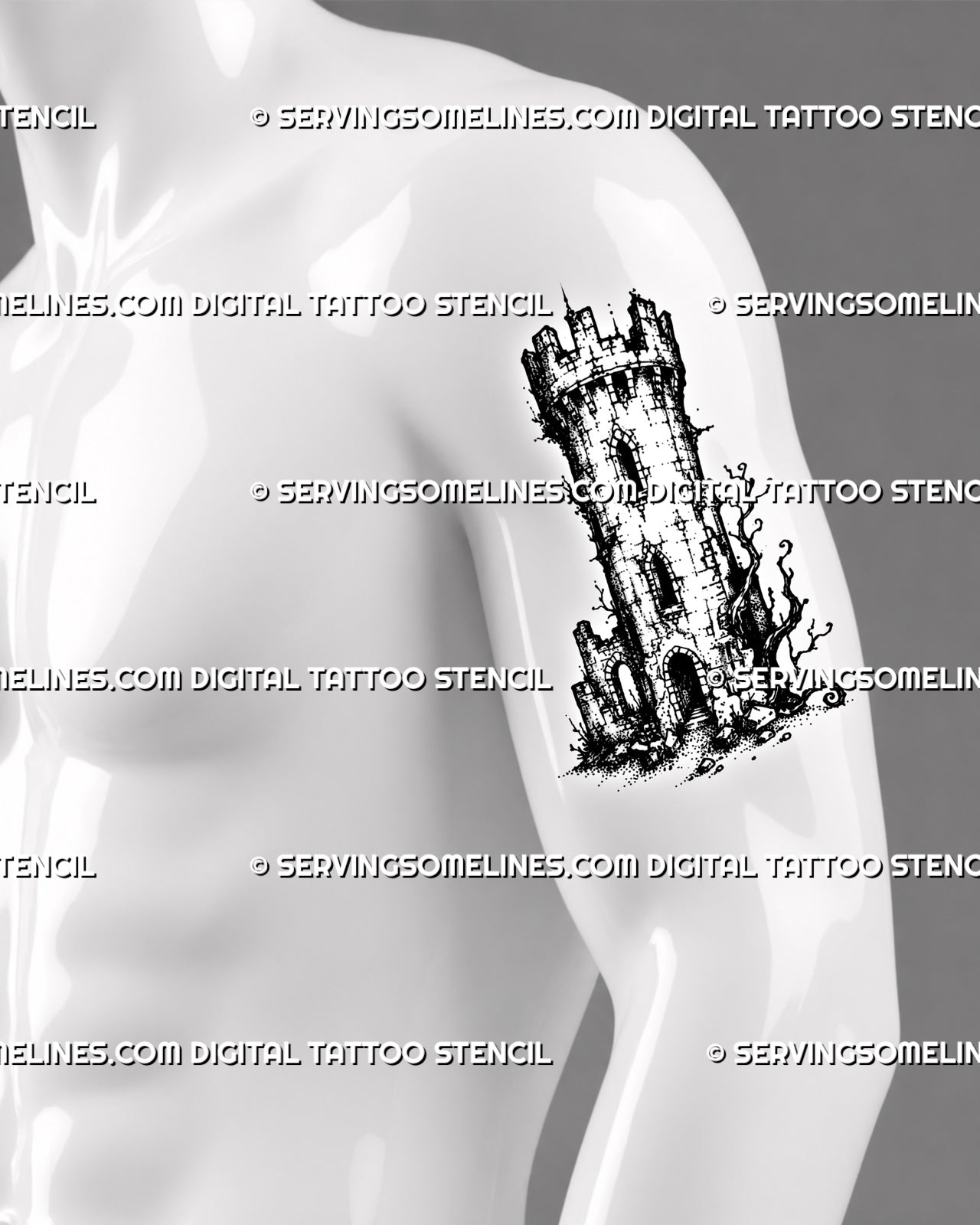 Stone turret tattoo stencil shown on men’s upper arm bicep with medieval castle tower shape, arched windows, battlements, and cracked stone detail