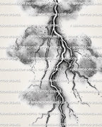 Storm cloud tattoo stencil close view showing soft grey shading, dot texture, and branching lightning detail.