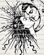 Sun and Moon Kiss tattoo stencil with celestial faces, crescent moon, sunburst rays, stars, and dark shaded linework.