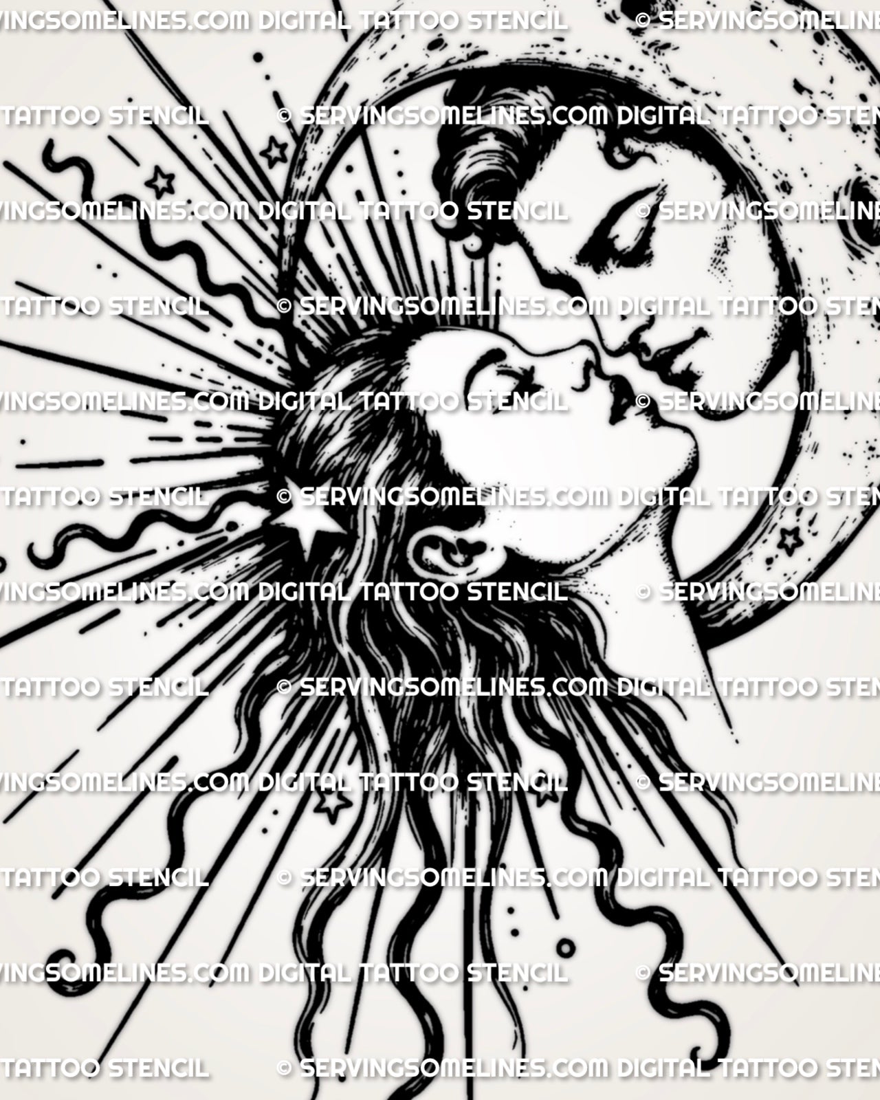 Sun and Moon Kiss tattoo stencil with celestial faces, crescent moon, sunburst rays, stars, and dark shaded linework.