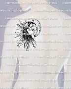 Sun and moon tattoo stencil shown on men’s shoulder placement with near-kiss faces, crescent moon, rays, and star detail.
