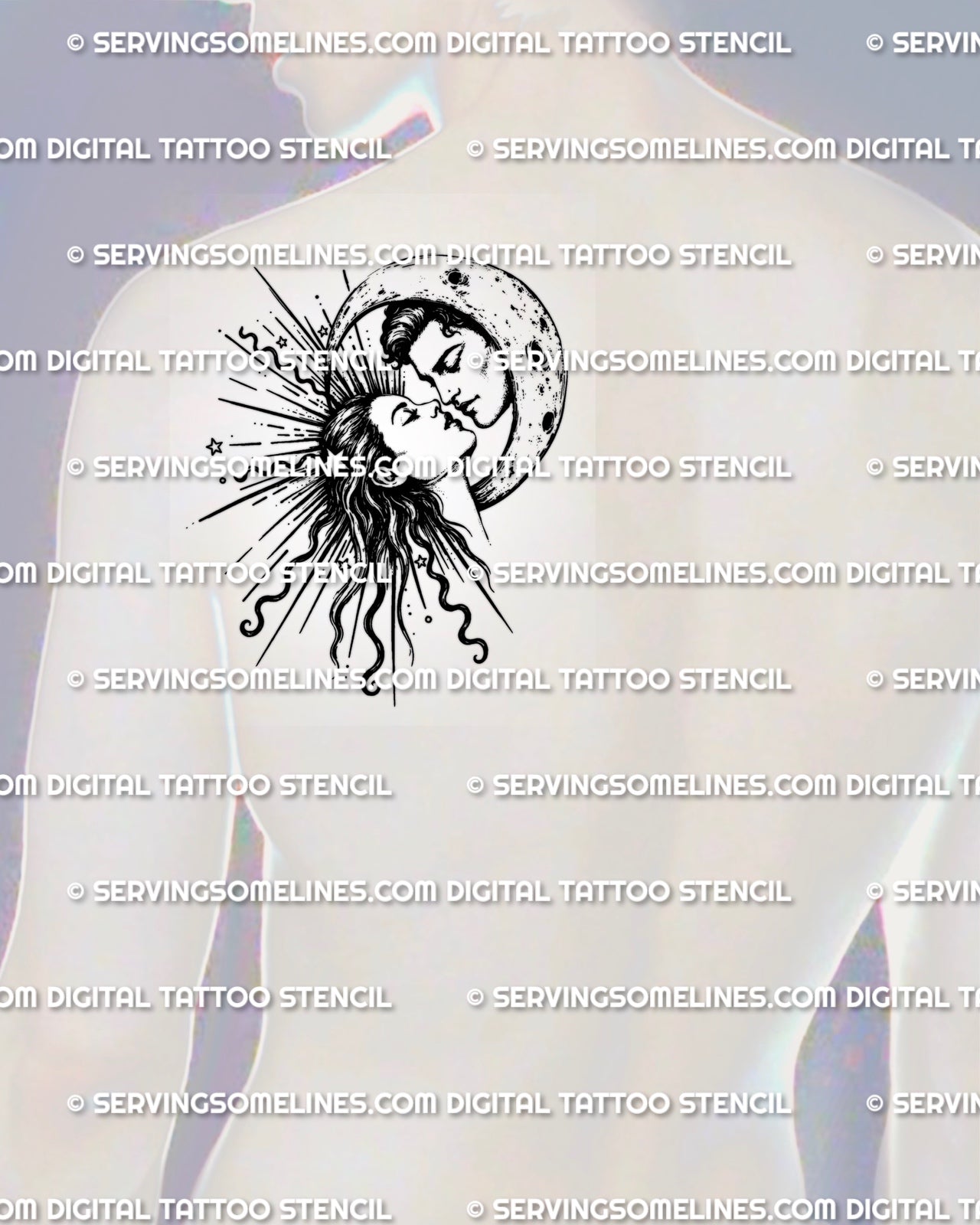 Sun and moon tattoo stencil shown on men’s shoulder placement with near-kiss faces, crescent moon, rays, and star detail.