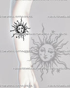 Sun face tattoo stencil shown on forearm with old-world sun design, wavy rays, pointed rays, small stars, and celestial linework