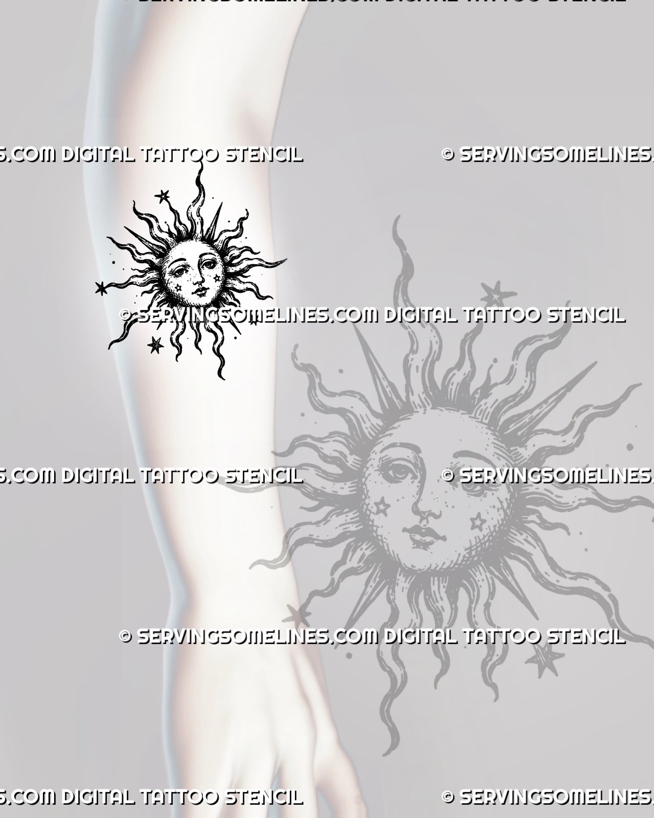 Sun face tattoo stencil shown on forearm with old-world sun design, wavy rays, pointed rays, small stars, and celestial linework