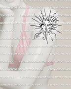 Sun face tattoo stencil shown on womens arm placement, with sharp rays, crescent moon accent, and readable celestial detail.