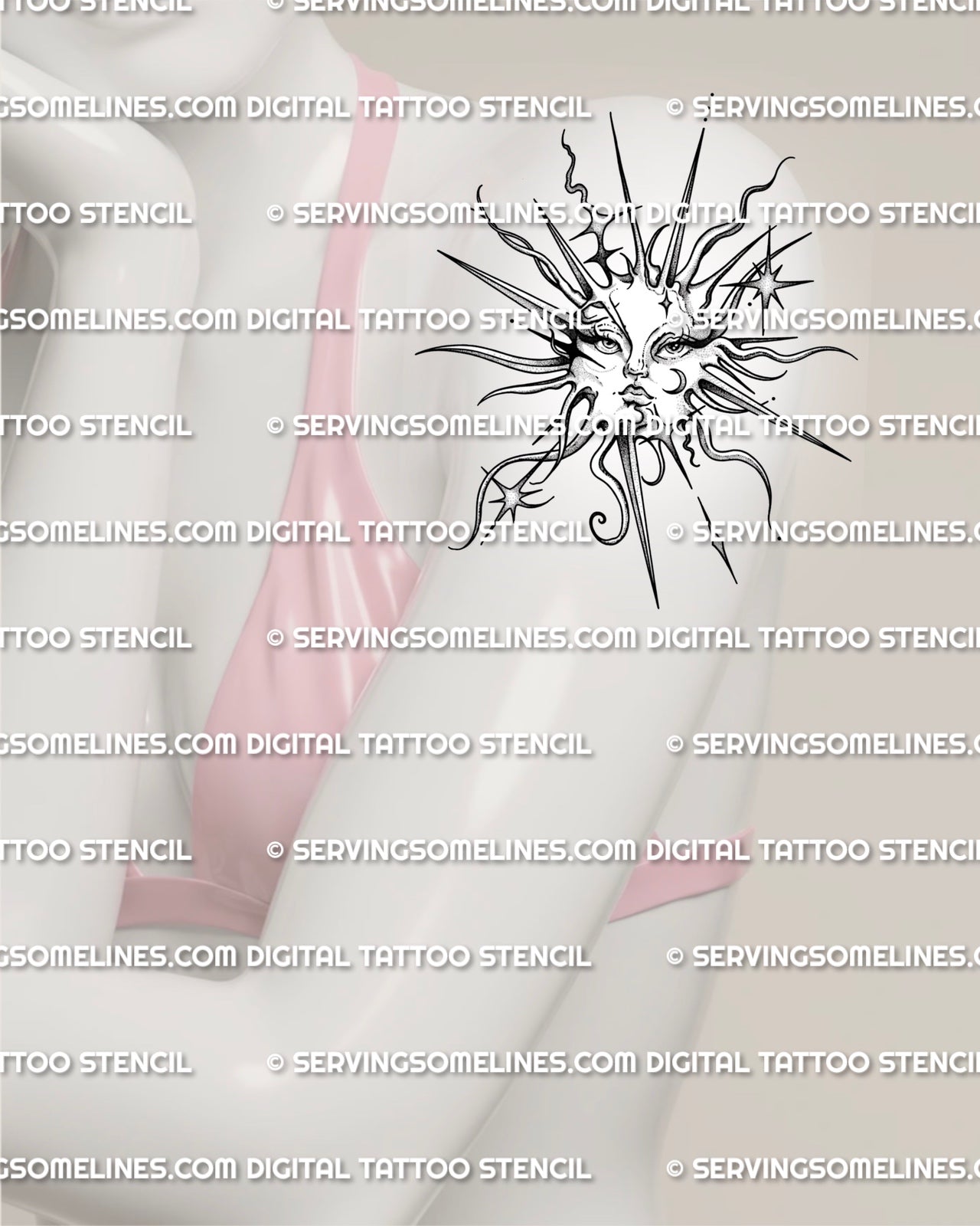 Sun face tattoo stencil shown on womens arm placement, with sharp rays, crescent moon accent, and readable celestial detail.
