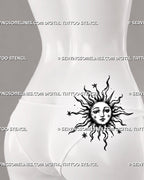 Sun face tattoo stencil shown on women’s lower back side with medieval sun design, wavy rays, celestial stars, and old-world tattoo detail