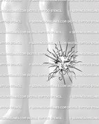 Moon and stars tattoo stencil displayed on calf placement, with sun face, pointed rays, and readable celestial linework.