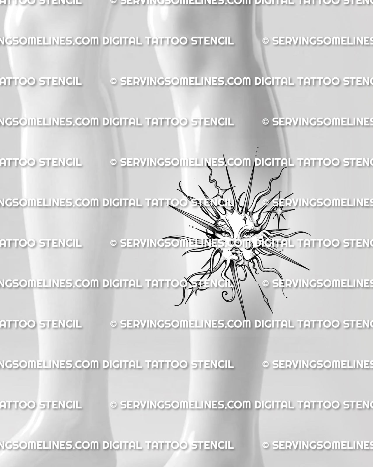 Moon and stars tattoo stencil displayed on calf placement, with sun face, pointed rays, and readable celestial linework.
