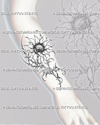 Sunflower with thorns tattoo shown on the forearm with a textured bloom, long stem, sharp cyber floral extensions, pointed leaves, and vertical flow