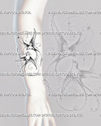 Swallows in flight tattoo shown on the forearm with two flying birds, long tail feathers, detailed wings, stars, and looping decorative lines