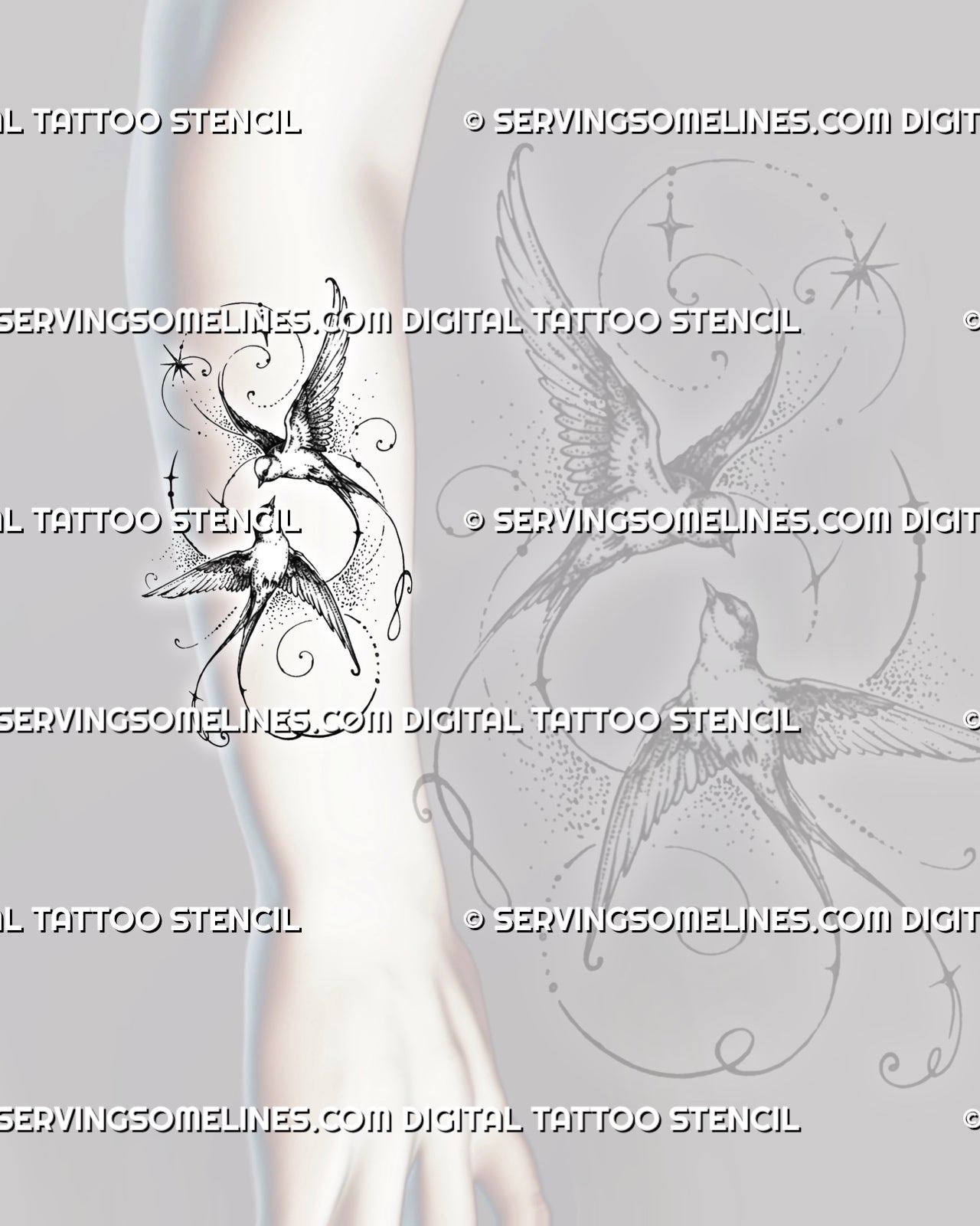 Swallows in flight tattoo shown on the forearm with two flying birds, long tail feathers, detailed wings, stars, and looping decorative lines