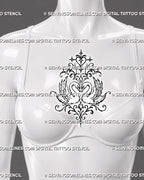 Swan couple tattoo shown at the center of a woman’s chest with mirrored birds, heart-shaped necks, raised wings, and symmetrical ornamental filigree