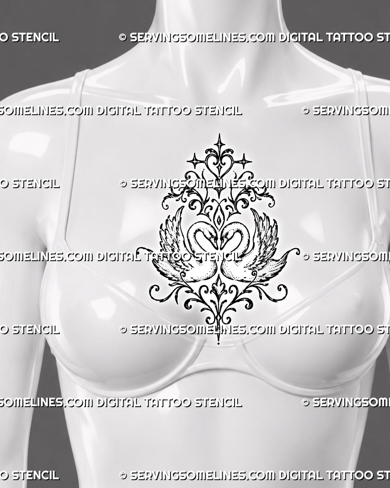 Swan couple tattoo shown at the center of a woman’s chest with mirrored birds, heart-shaped necks, raised wings, and symmetrical ornamental filigree