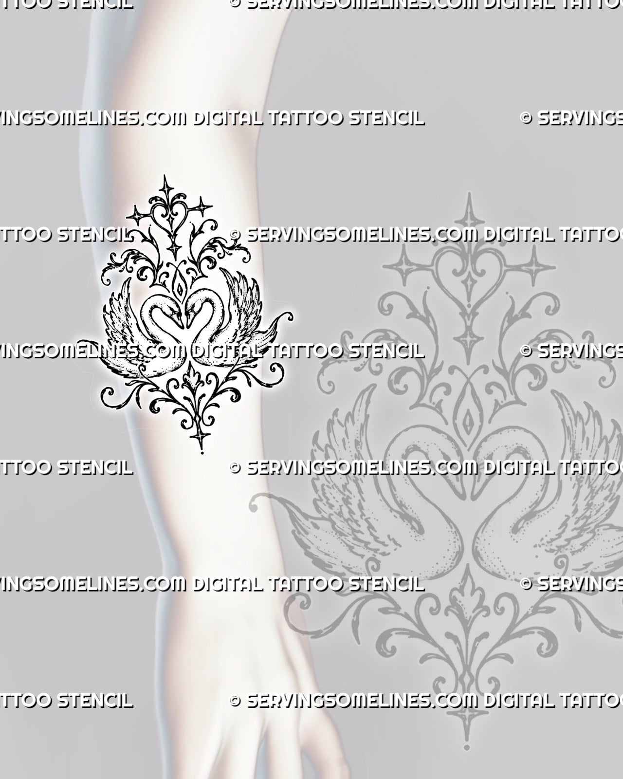 Swan heart tattoo shown on the forearm with two facing birds, curved necks, layered feathered wings, pointed stars, and ornamental scrollwork