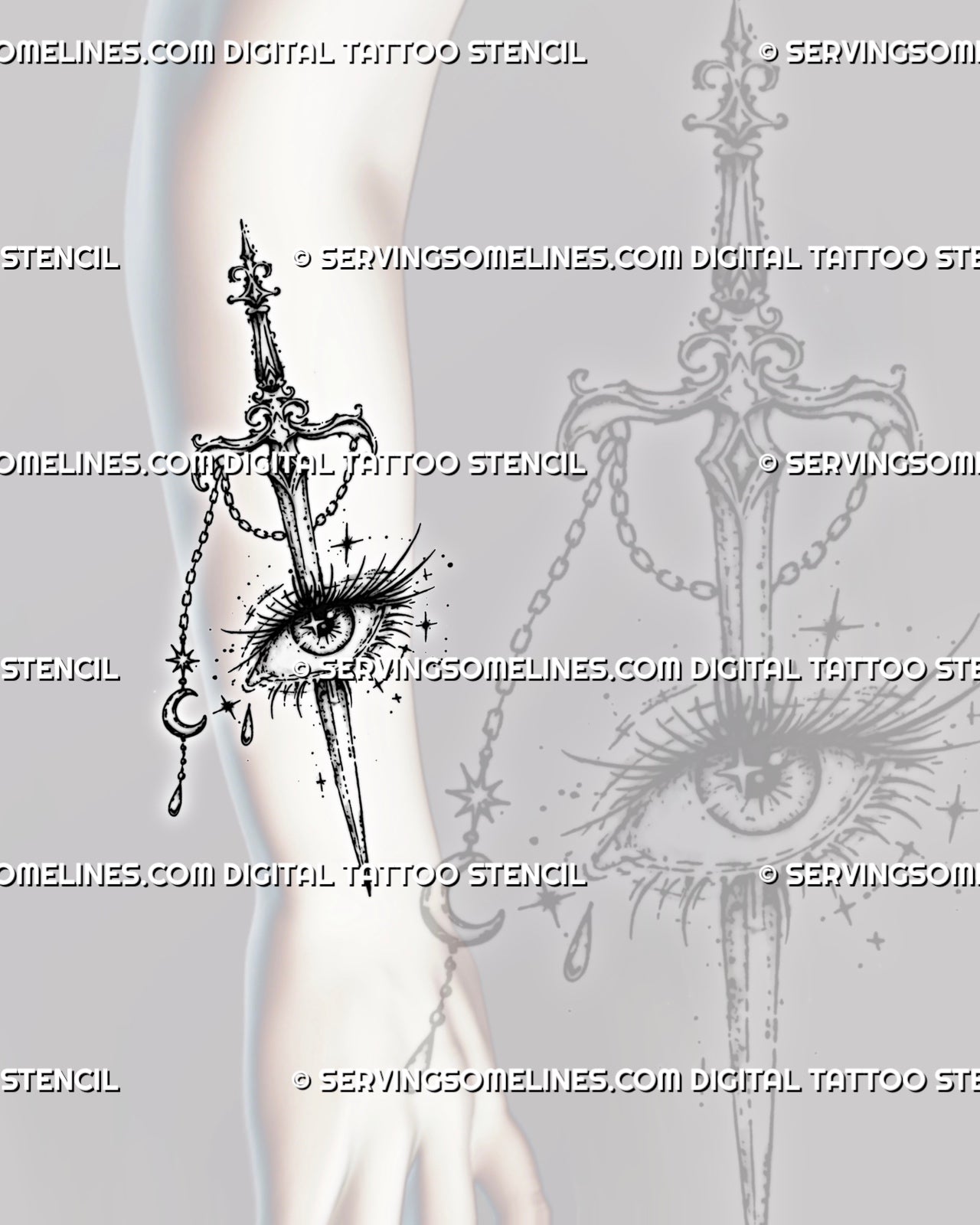 Sword piercing eye tattoo shown on a woman’s forearm with ornate fantasy blade, tear, moon and star charms, and witchy celestial details