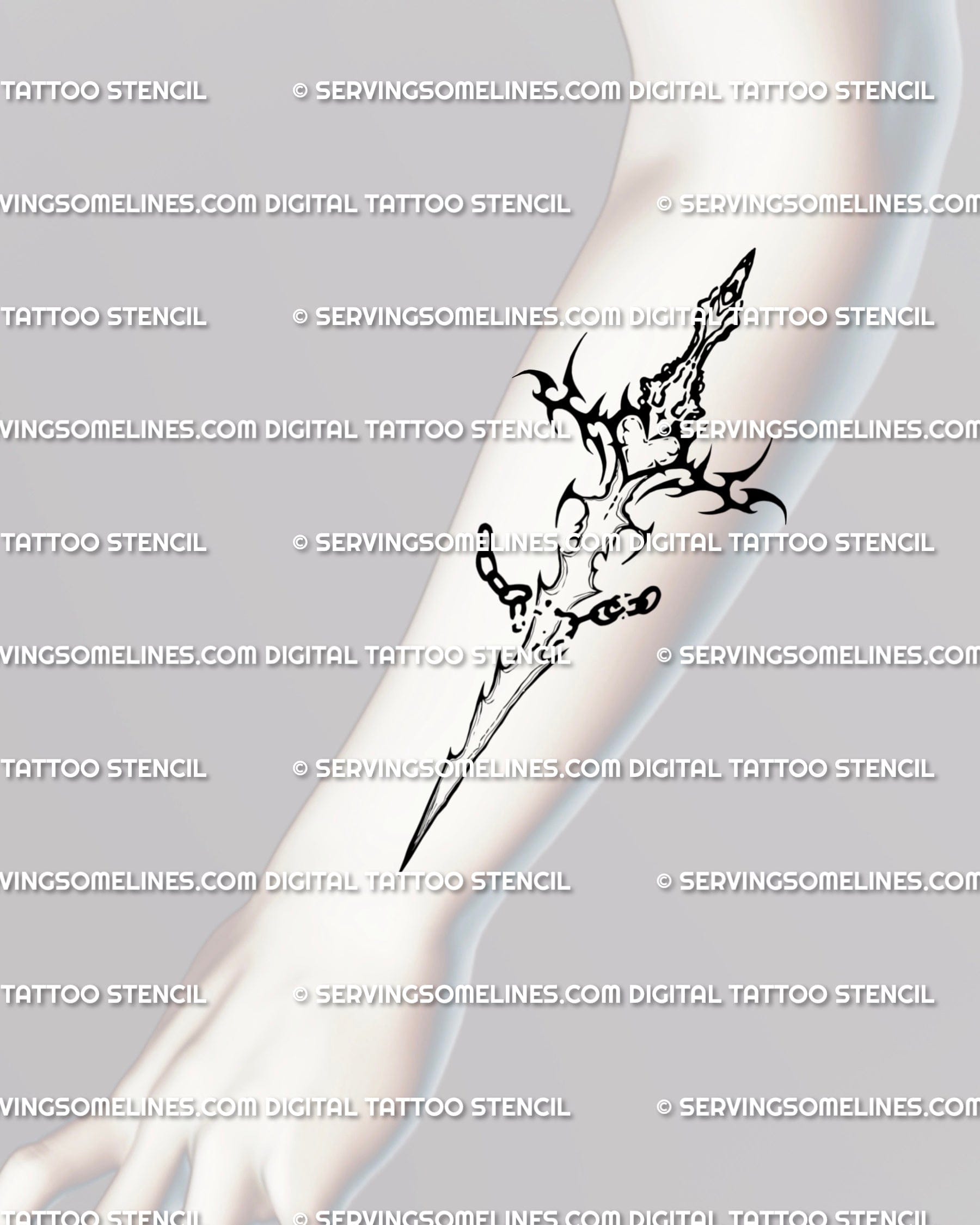 sword tattoo placed on forearm, modern cyber-tribal dagger design with chain breaker handle representing resilience and self-power