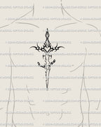 sword tattoo on male chest center showing heart hilt and broken chain detail, gothic ornamental dagger symbolizing courage