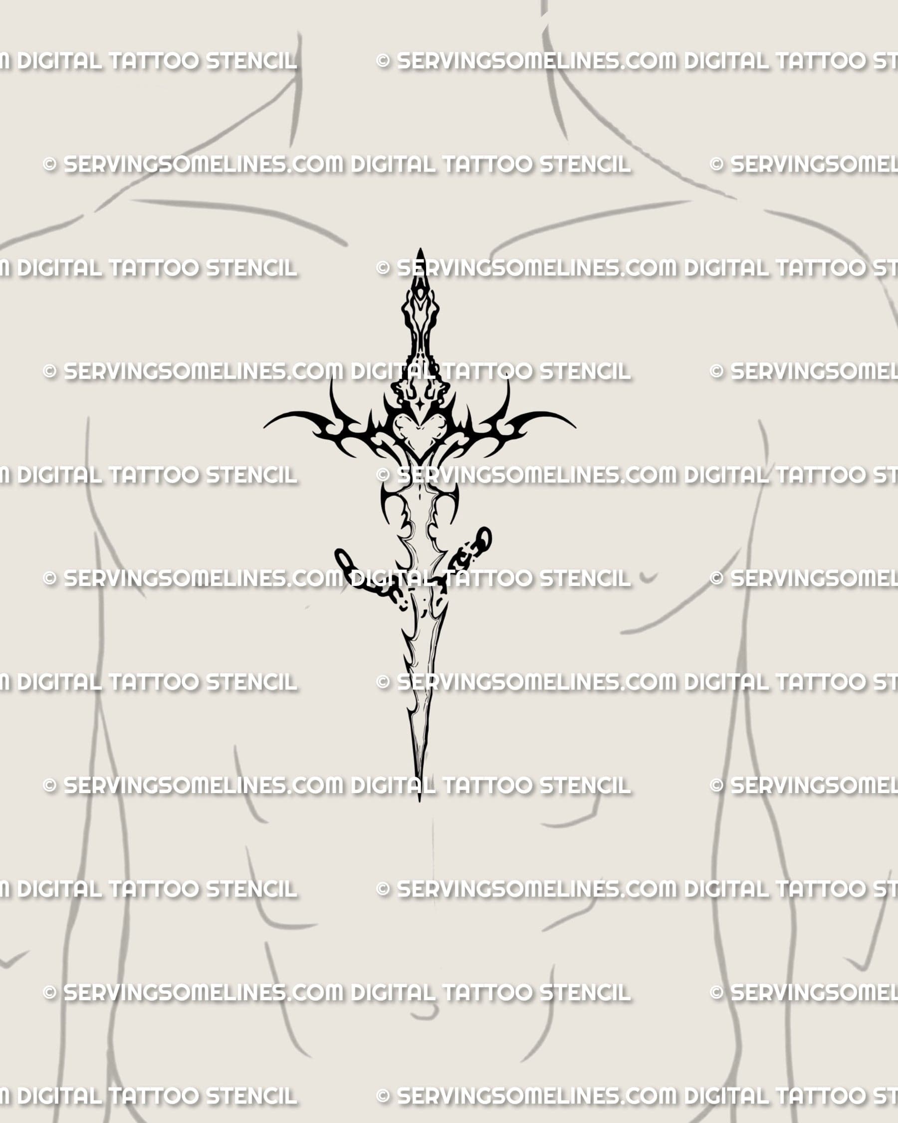 sword tattoo on male chest center showing heart hilt and broken chain detail, gothic ornamental dagger symbolizing courage