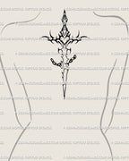 sword tattoo design placed on upper back center, blackwork dagger with broken chain symbolizing strength and independence