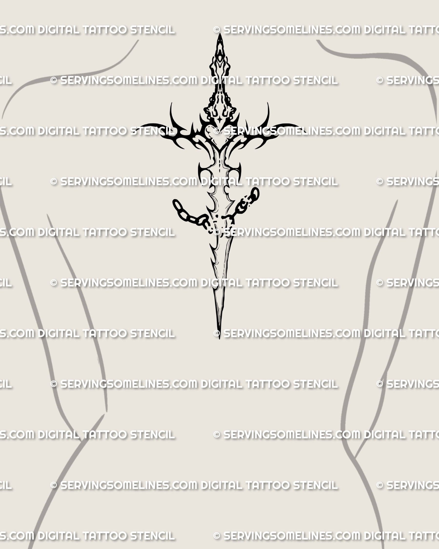 sword tattoo design placed on upper back center, blackwork dagger with broken chain symbolizing strength and independence