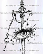 Close-up of ornate sword passing through a detailed human eye with long lashes, tear, crescent moon, star, chain, and celestial sparkles