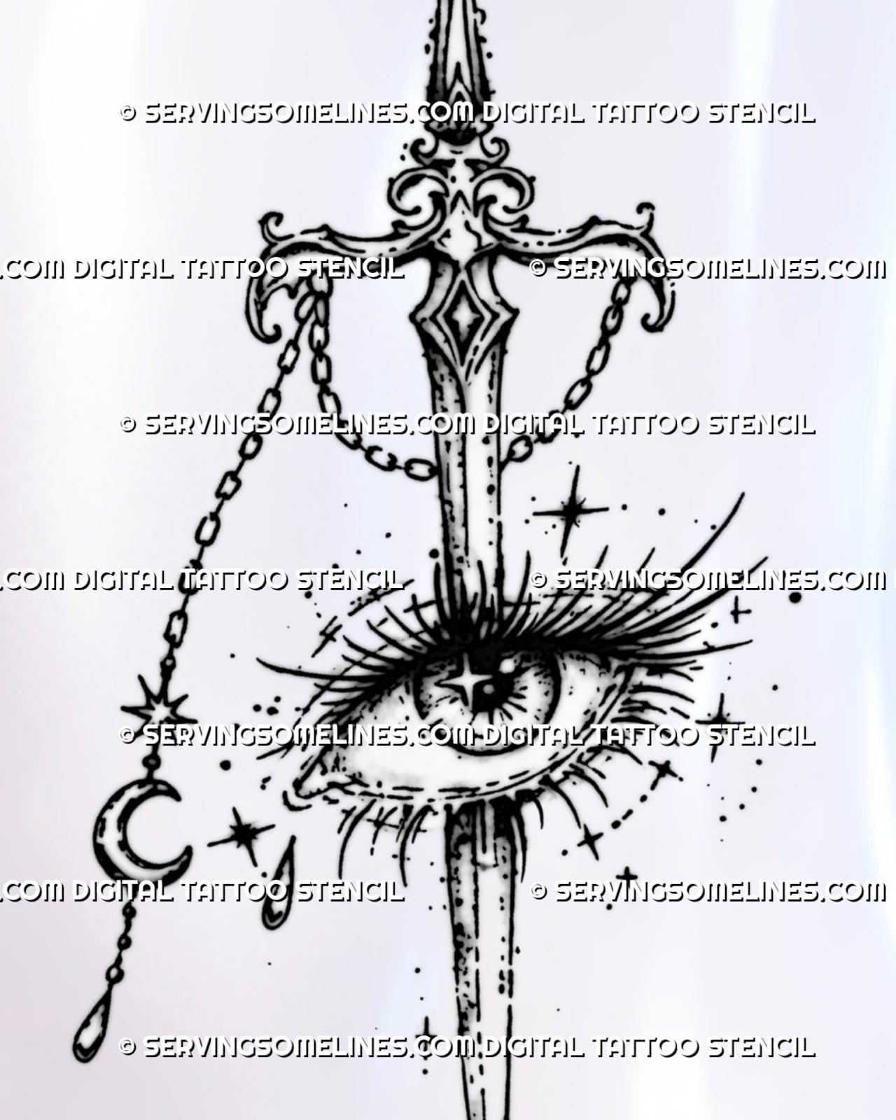 Close-up of ornate sword passing through a detailed human eye with long lashes, tear, crescent moon, star, chain, and celestial sparkles