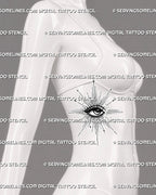 Symbolic eye tattoo stencil shown on women’s ribs, with sacred eye shape, radiant rays, star accents, and dotted texture.
