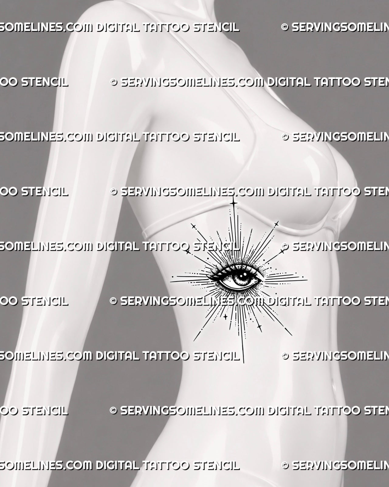 Symbolic eye tattoo stencil shown on women’s ribs, with sacred eye shape, radiant rays, star accents, and dotted texture.