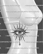 Symbolic eye tattoo stencil shown on women’s ribs, with mystical evil eye shape, spiked rays, gray shading, and lower drop detail.