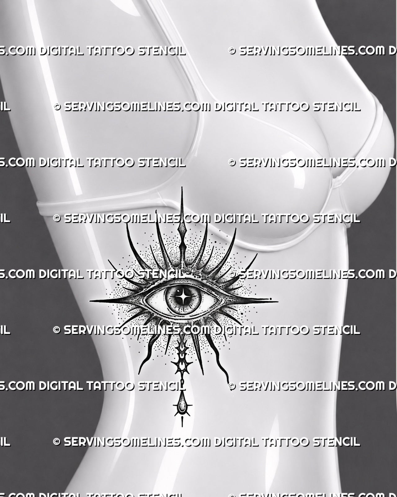 Symbolic eye tattoo stencil shown on women’s ribs, with mystical evil eye shape, spiked rays, gray shading, and lower drop detail.