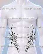 Symmetrical hip tattoo shown from the front on a male body with matching blackwork pieces framing the lower abdomen and hip bones