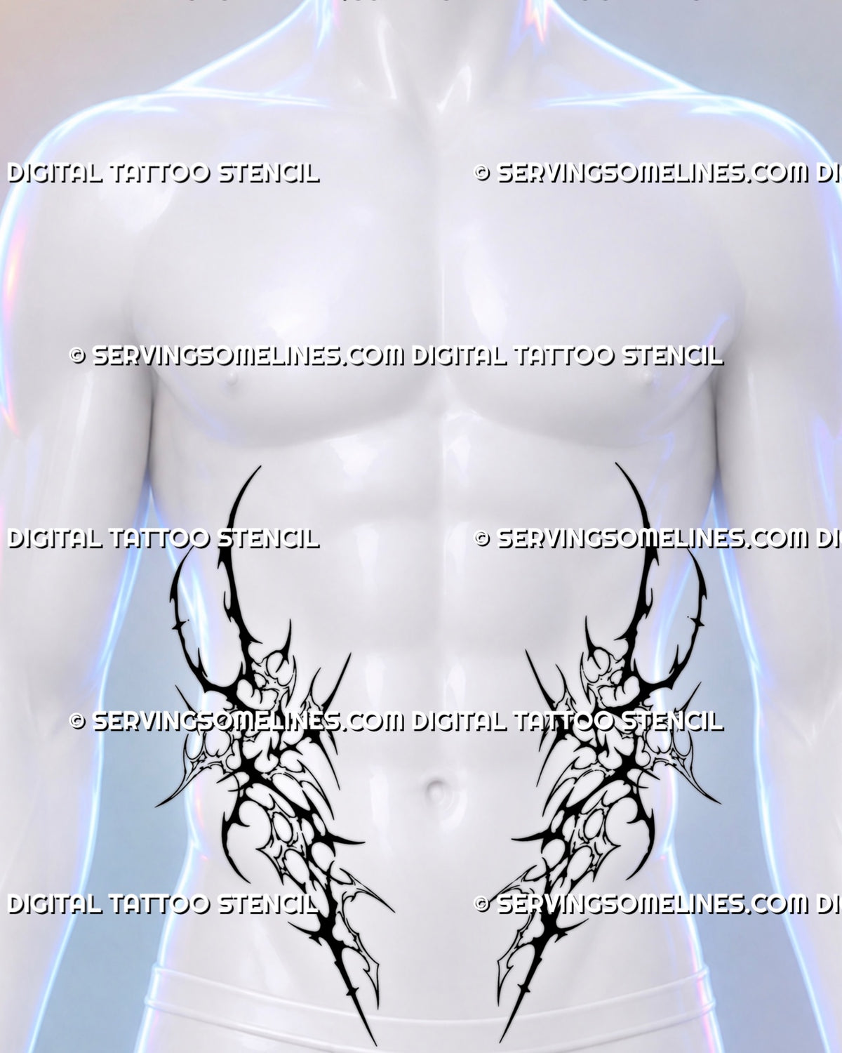 Symmetrical hip tattoo shown from the front on a male body with matching blackwork pieces framing the lower abdomen and hip bones