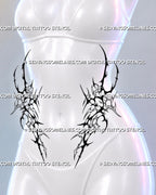 Symmetrical stomach tattoo stencil shown on a female body with matching front hip pieces, black neotribal forms, and outlined cybersigilism details