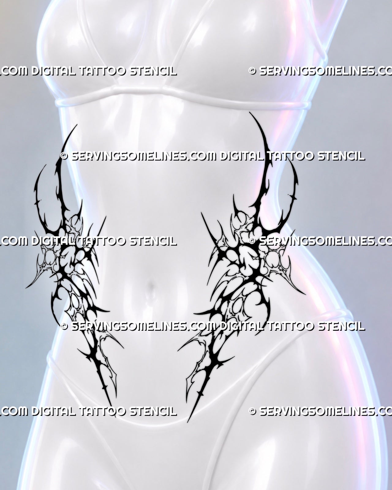 Symmetrical stomach tattoo stencil shown on a female body with matching front hip pieces, black neotribal forms, and outlined cybersigilism details