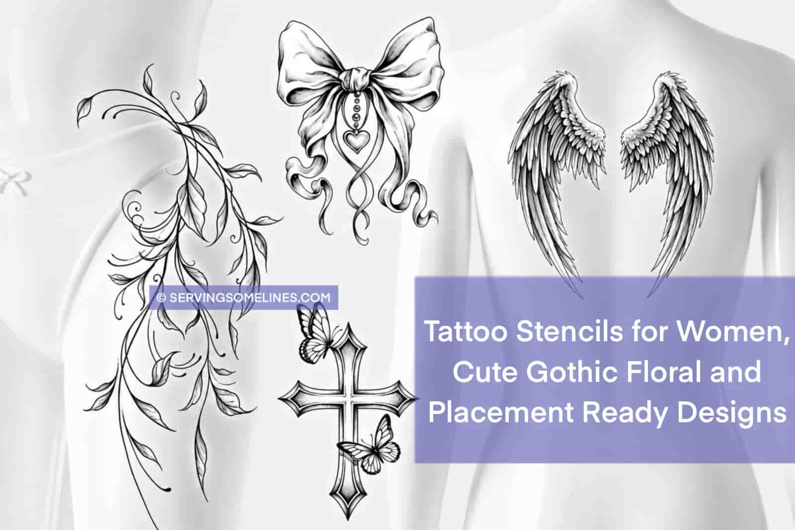 Tattoo stencils for women blog thumbnail showing floral vine, bow, angel wings, butterfly cross, and placement-ready designs