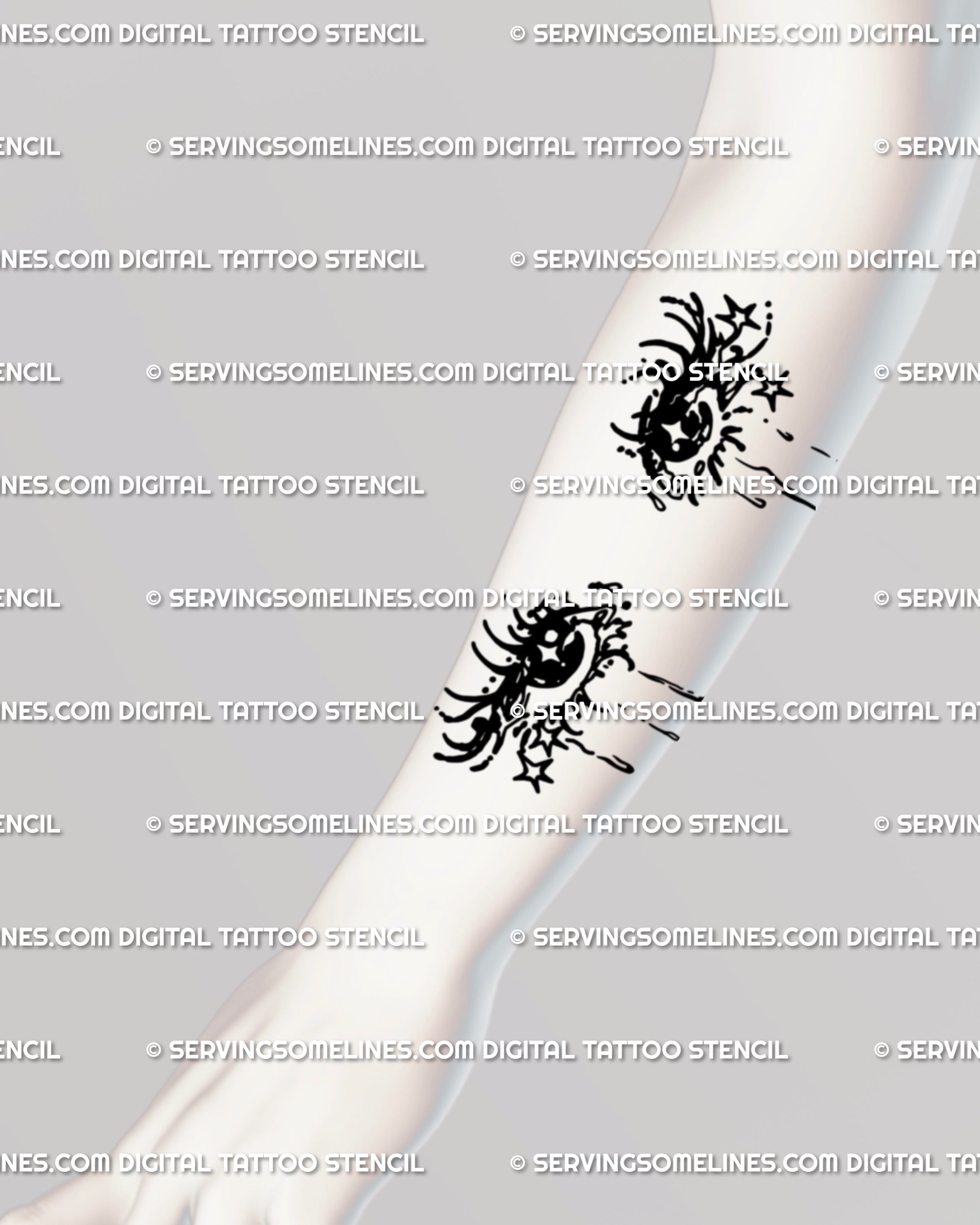 Forearm placement of teardrop eyes tattoo stencil: expressive anime gaze with dripping tears and soft starbursts, clean line art sized for everyday visibility.