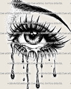 Teary eye tattoo design close-up with glossy pupil highlights, heavy lashes, dotted shading, sharp brow, and long tear drops.